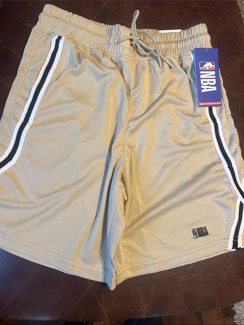 NBA Men's Beige Athletic Shorts with Black and White Side Stripes NWT